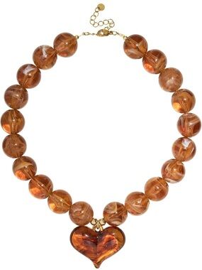 Anthropologie Amber-Brown Bead Necklace with Heart Pendant